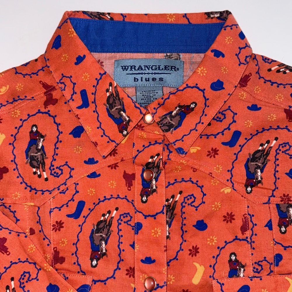 Vintage Wrangler Blues Womens Horse Button Down Shirt Size  XL Orange Snap NWOT